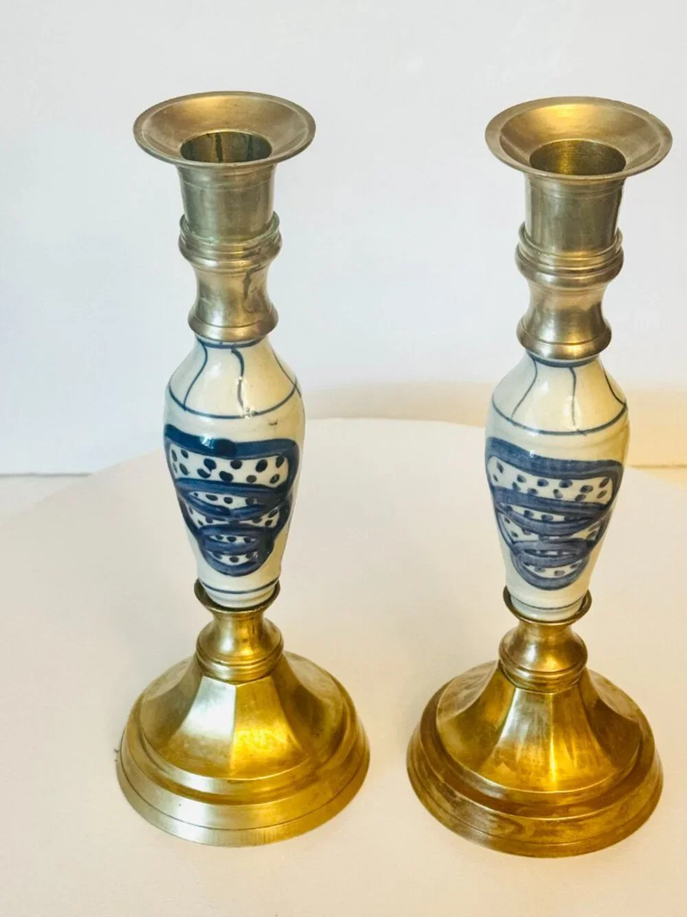 Pair Delft Vtg Blue White Ceramic Brass 9